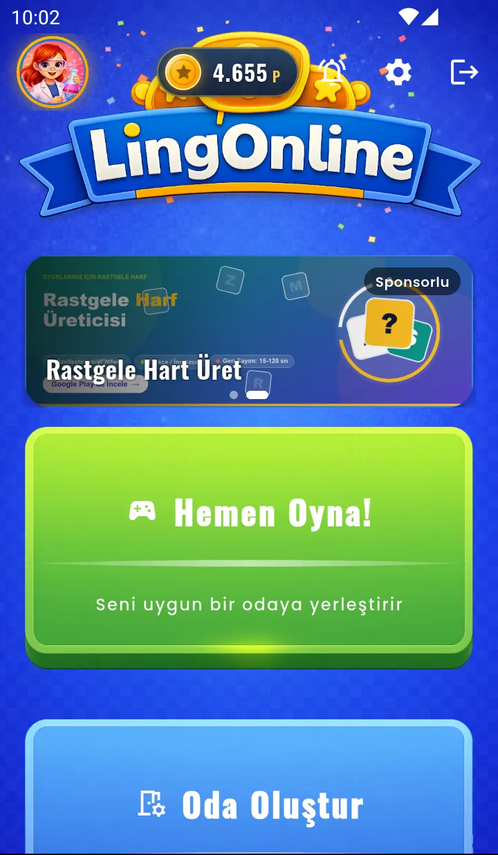 LingOnline ana ekranı: LingOnline logosu, puan ve Hemen Oyna butonu