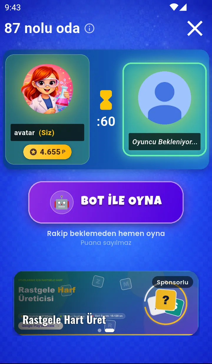 LingOnline oda ekranı: rakip bekleniyor ve bot ile oyna seçeneği