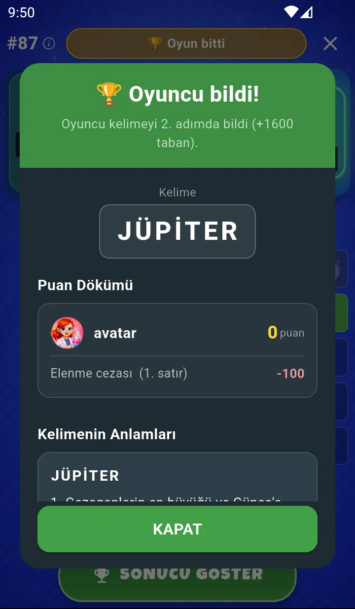 LingOnline oyun sonu ekranı: puan dökümü ve kelime anlamları